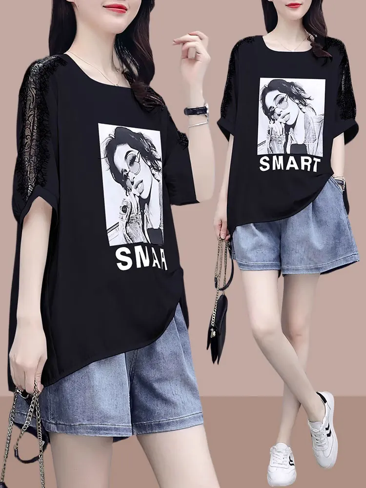 plus Size Summer Casual Fashion Set Short Pants Conceal Meat Two Pieces Set Slimming Effect Comfortable Cotton 100%