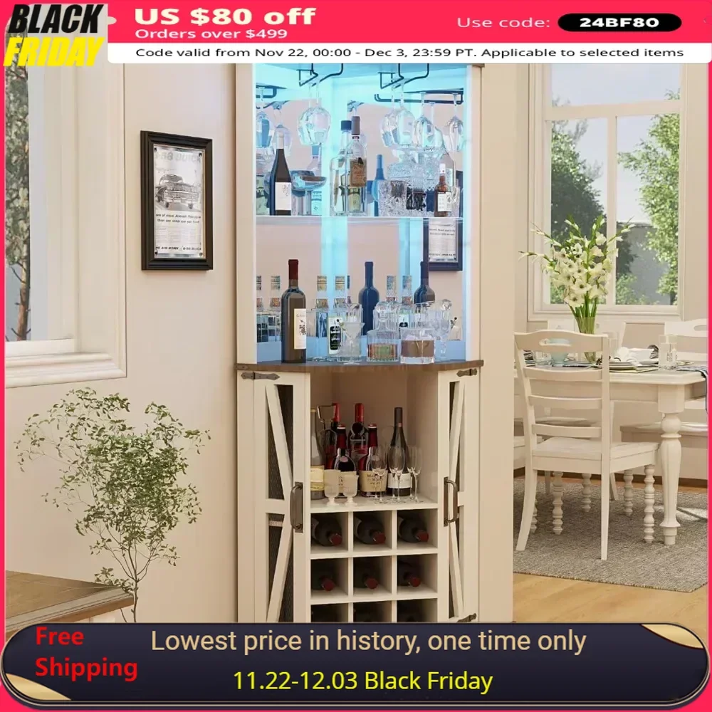 Wine Bar Cabinet with Led Lights and Mirror, Tall Liquor Cabinets Coffee Bar Cabinets, Display Cabinet Corner Wine Rack