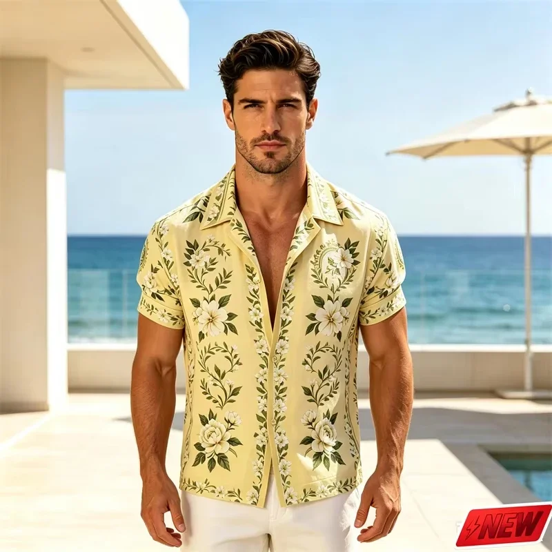 Vintage Flower Graphic Shirt Men Beach Vacation Summer Short Sleeve Top Hawaiian Street Popular Quick Dry Lapel Button Blouse