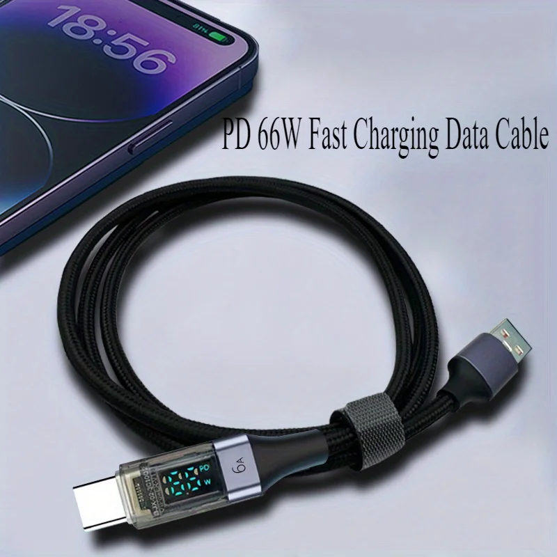 6 عبوات من كابل بيانات العرض الرقمي الذكي بطول 1 متر/3.3 قدم، كابل شحن سريع 66 وات، USB إلى Type-C، كابل شحن سريع كهربائي مرئي