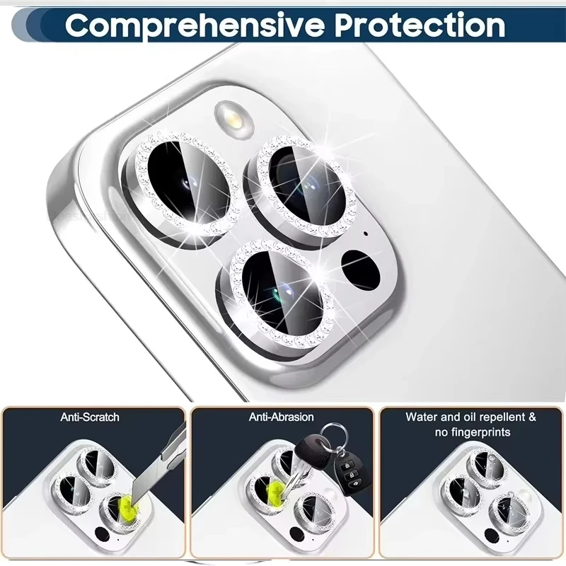 2/3Pcs Glitter Diamond Rhinestone Metal Ring Camera Lens Protector For iPhone 17 Pro Max 16 13 12 11 14 15 Pro Max Plus Mini view 3