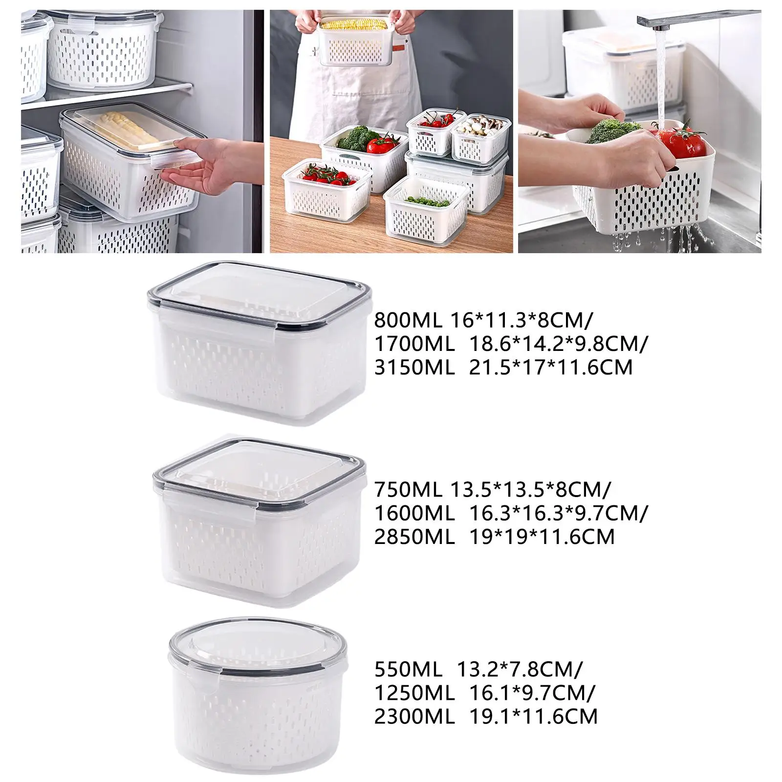 3/Set Stackable Food Containers Set with Lid Lunch Boxes BPA Removable Drain Basket Meal Containers zer Bins