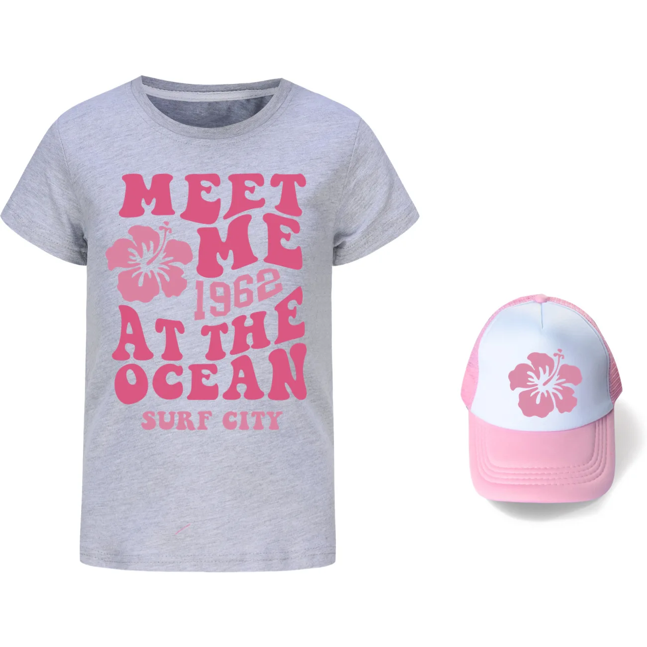 Meet Me 1962 At The Ocean Surf City Kids Clothes Boys Cotton T-shirts & Sunhat Baby Girls Short Sleeve Tops Children Clothing