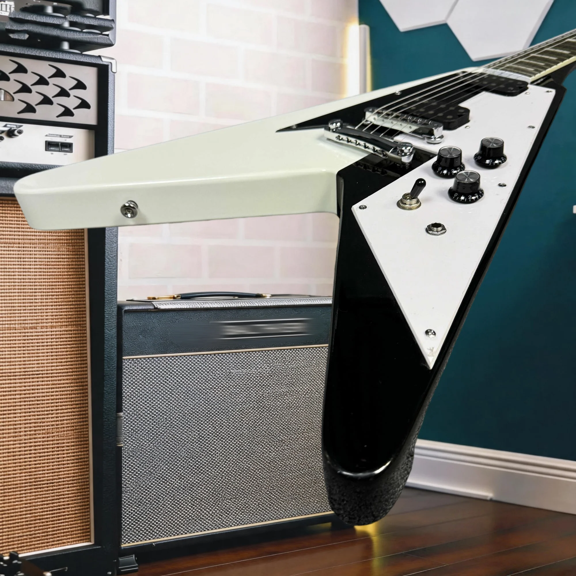 Flying V Solid Body Electric Guitar Black White Split Color Finish HH Humbucker Pickups Tremolo System, Sharp Cutting Tone