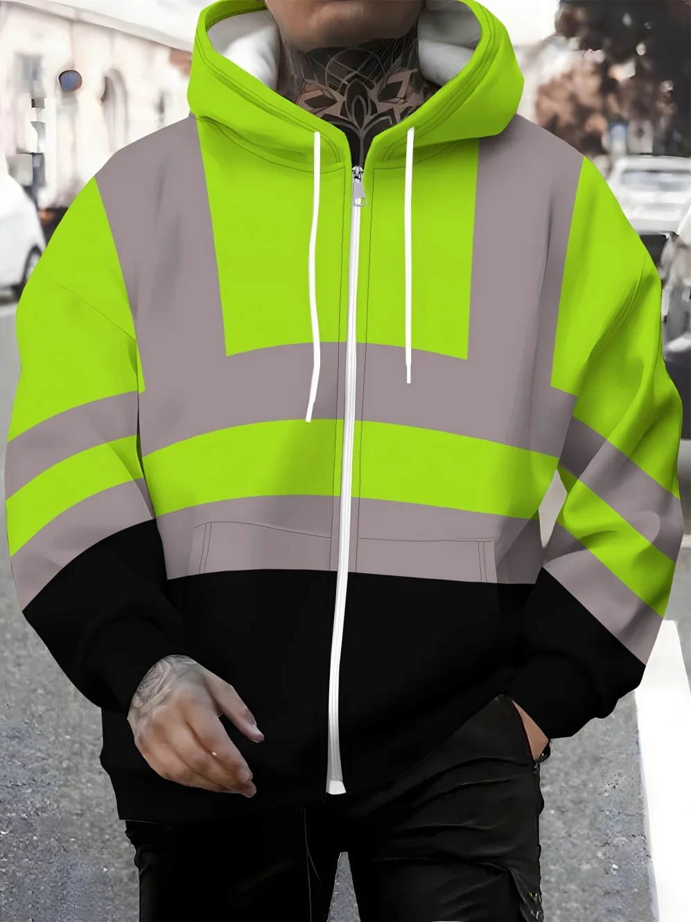 Herren 3D-Druck Neues Sicheres Logo Farbblock-Design Reißverschluss-Hoodie Lässiger Langarm-Pullover Arbeitskleidung Kapuzenpullover – Detail 6