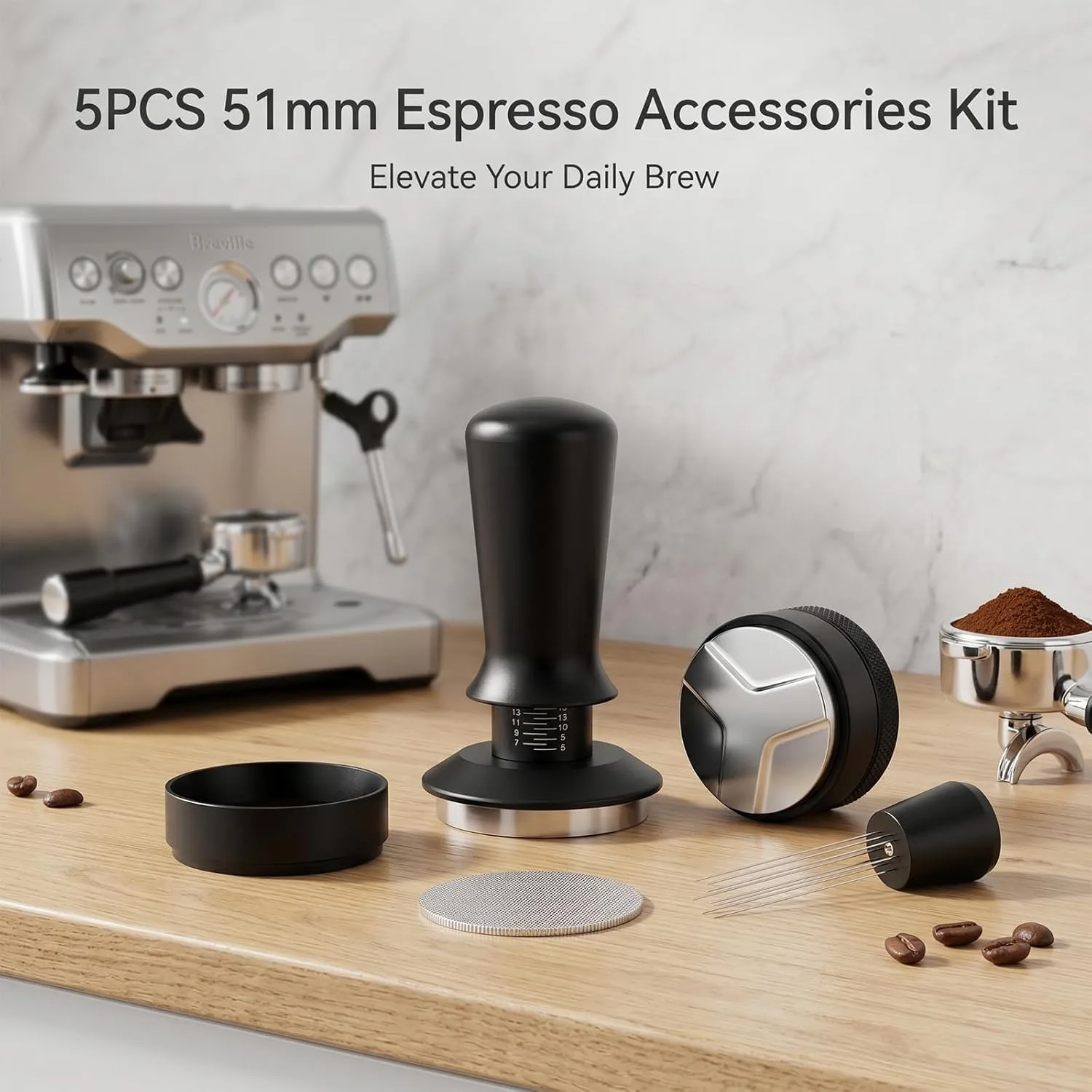 51mm Espresso Coffee Accessories Kit 5PCS Coffee Tamper WDT Tool Distributor Puck Screen Dosing Funnel Fit 51mm Coffee Machine P