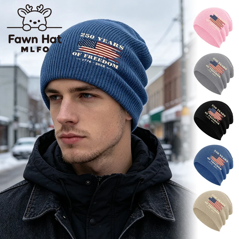 Soft Adult Slouchy Knit Beanie, USA Flag 250 Years Freedom Print, for Independence Day Patriotic Holiday Outdoor Party
