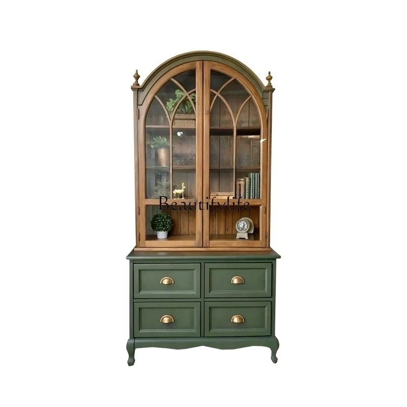

French retro solid wood dining side cabinet integrated living room glass door storage locker against the wall