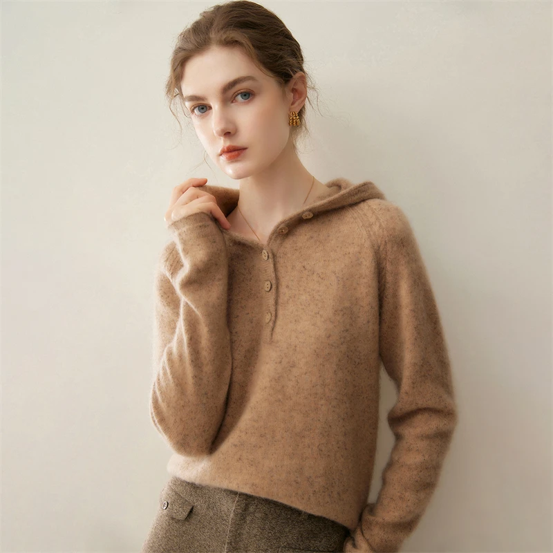 Autumn and winter new women's cashmere sweater hooded sweater loose knit base pullover sweater thick top versatile slimming wool