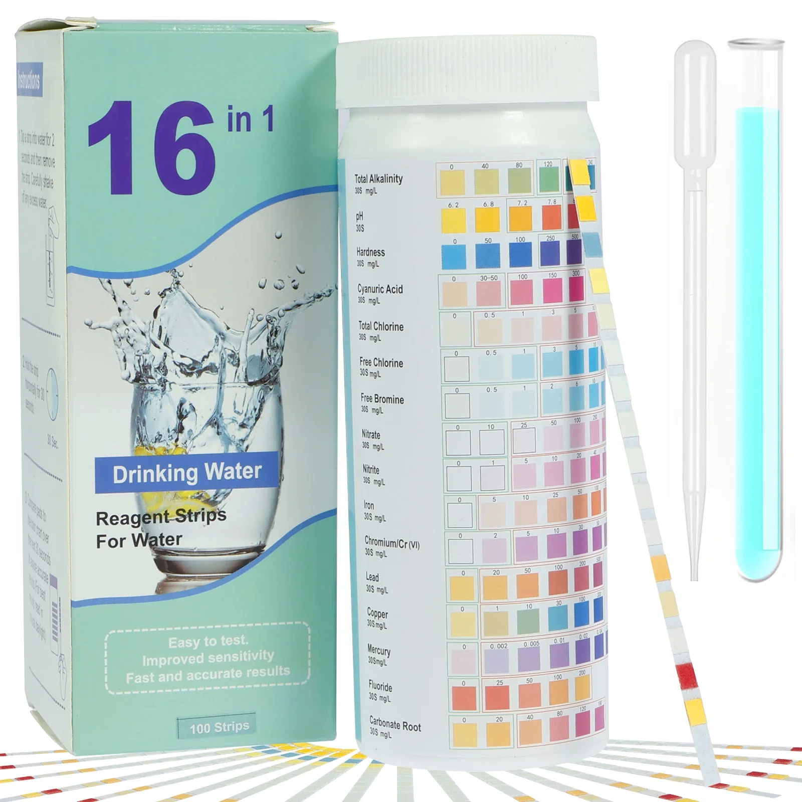 16 in 1 Premium Water Test Kit Home Water Quality Test Strips for Well and Tap Test Kit Testing for pH Hardness Chlorine Lead