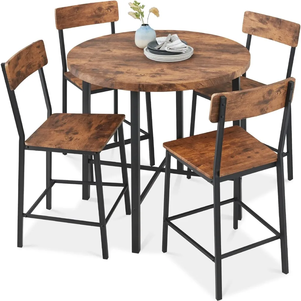 

5-Piece 35.5in Modern Round Counter Height Dining Set for Home Kitchen, Dining Room w/ 4 Chairs, 1.5in Thick Table - Brown