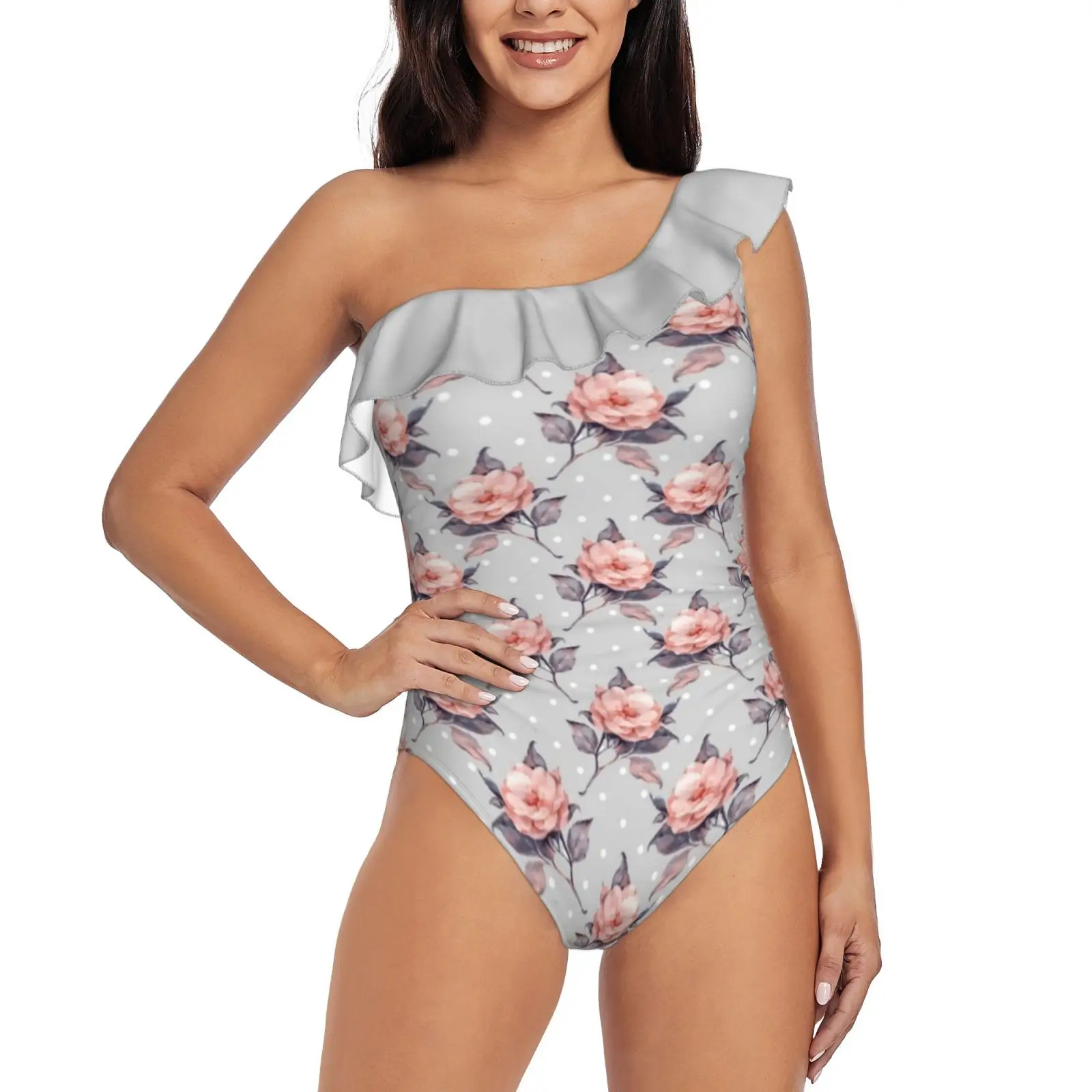 

Vintage Floral Pattern One Shoulder Ruffle Swimsuit Print Swimwear Female One Piece Monokini Bathing Suit Beautiful Blooming