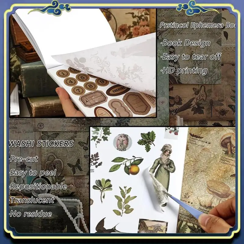 

Portable Vintage Aesthetic Washi Stickers Paper For Scrapbooking, 40 Sheets Ephemera Book For Art Journaling