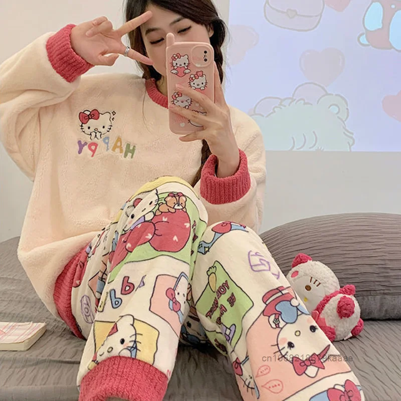 Hello Kitty New Thick Coral Velvet Cartoon Sleepwear Women Winter Fashion Warm Home Suit Set Cute Pattern Sweet Y2k Girl Pajamas