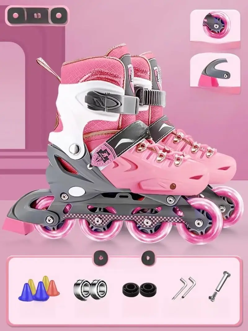 Inline Roller Skates shoes Set With Knee Elbow Pads Helmet Flashing 4 Wheels Skates Outdoor Skating Sneakers For Beginner Girls