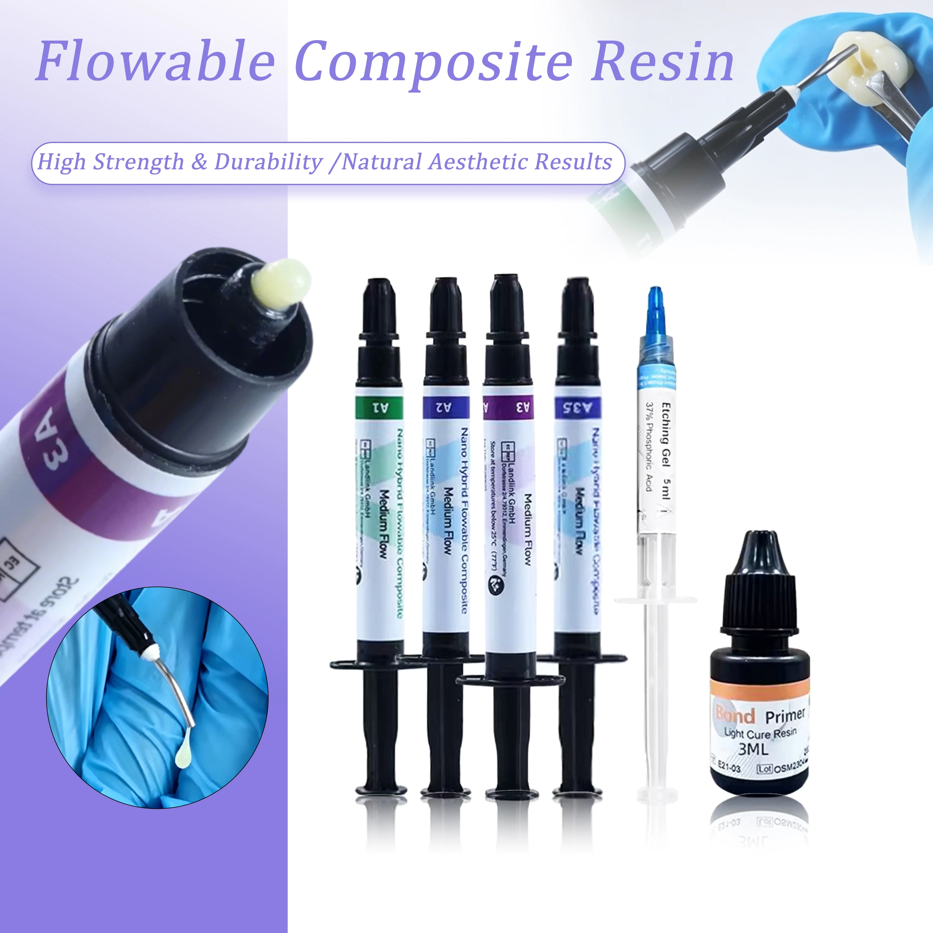 Kit de Resina Compuesta Fluida Dental - Resina Fotopolimerizable A1-A3.5 con Gel de Grabado y Primer Adhesivo para Restauraciones