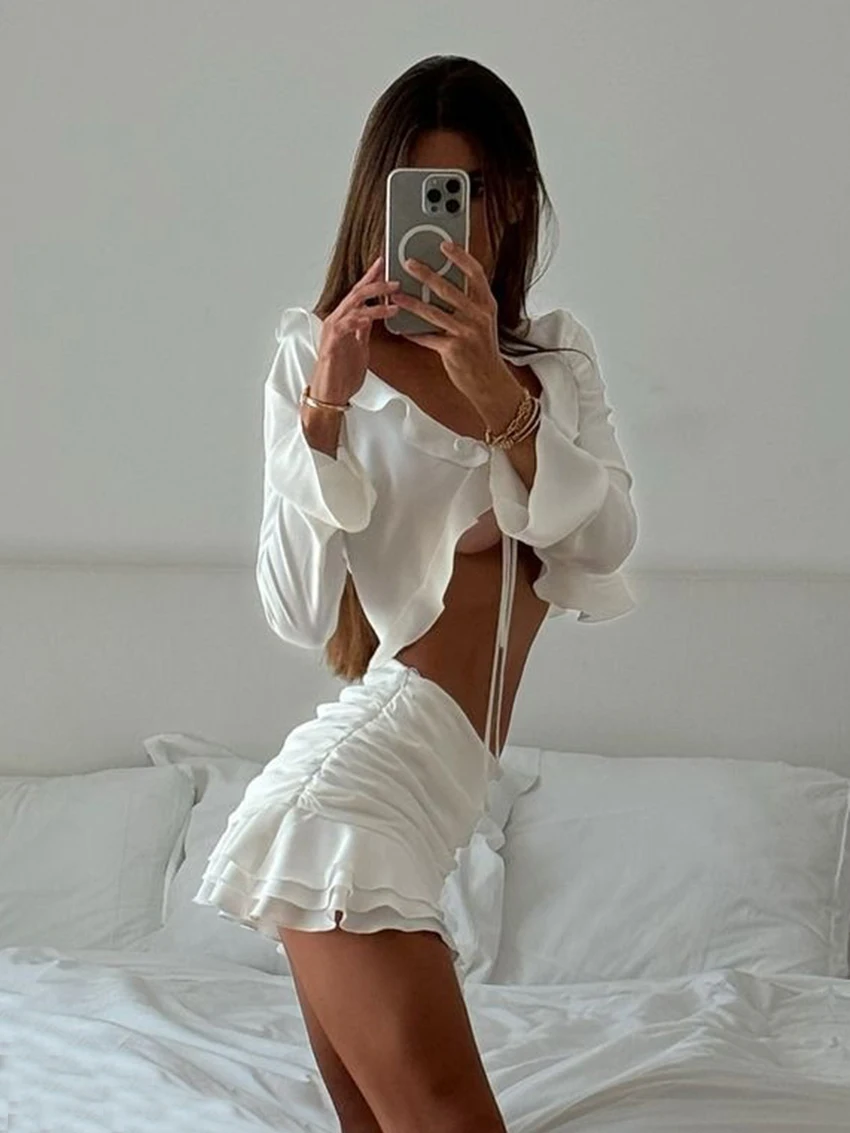 Marthaqiqi Sexy Women'S Pajamas Suit Long Sleeve Nightgowns Lace Up Sleepwear Crop Top Nightie Short Skirt Ladies Nightwear Set
