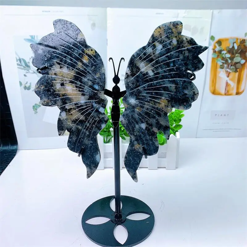 

Natural Black Obsidian Tourmaline Butterfly Wings Carving Figurine Healing Crystal Energy Wings Sculpture Home Decoration 1pcs