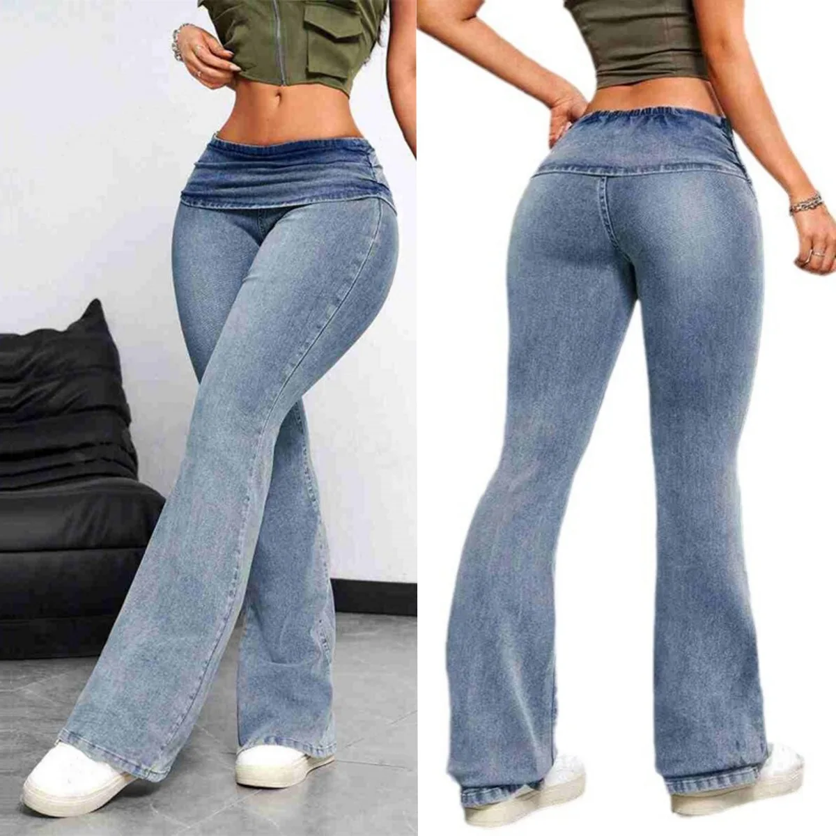 2026 New Women's High Waist Elastic Waistband Flare Jeans Light Wash Stretch Denim Pants