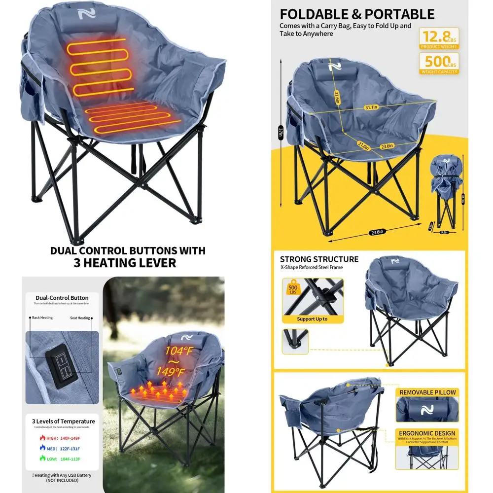 

Негабаритный складной уличный стул с подогревом для взрослых с 3 уровнями нагрева, портативной гостиной для патио, удобной мебелью для лагеря