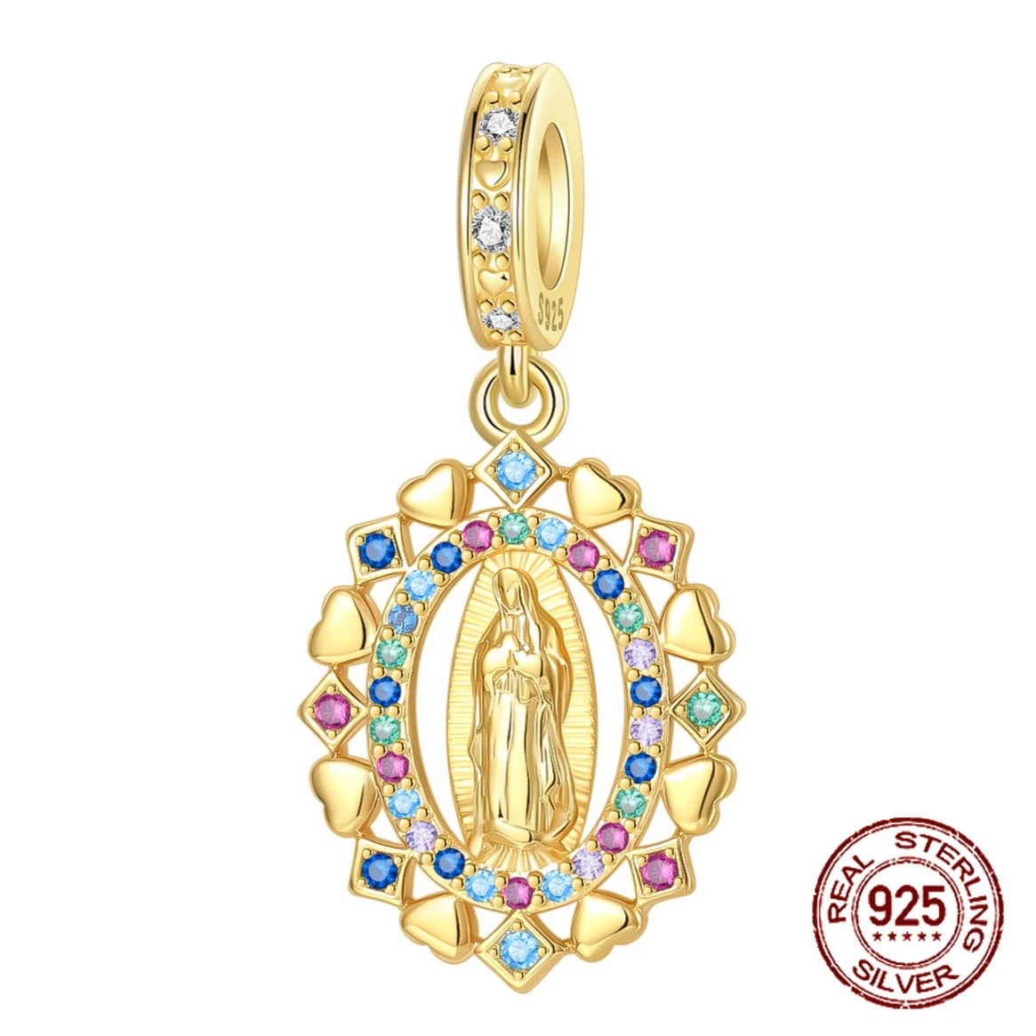 

Стерлингового Серебра 925, золотой овальный кулон Девы Марии, цветной циркон, подвеска, подходит для оригинальных браслетов, женские ювелирные изделия своими руками, подарок