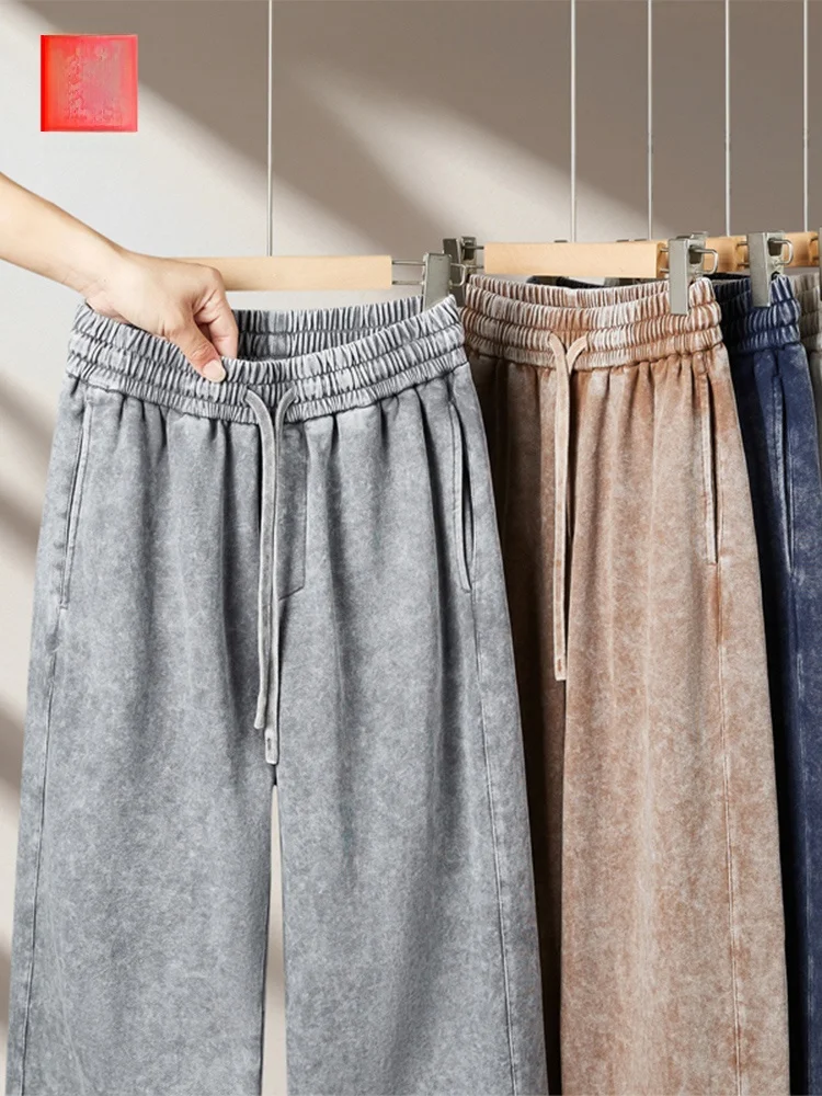 

Heavyweight Pure Cotton Straight Leg Pants Men's Spring Autumn Loose High Street Retro Sports Sweatpants Casual Long Trousers