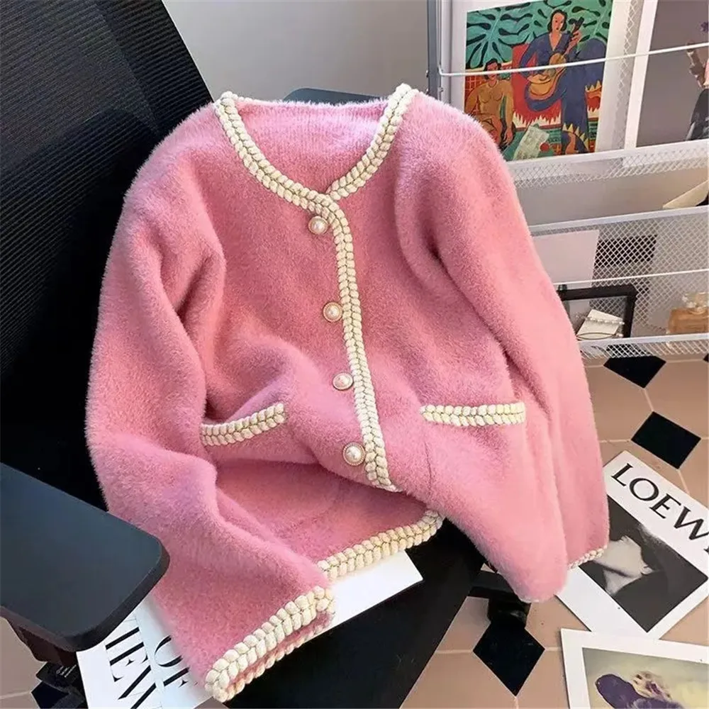 French Small Fragrance Pearl Button Sweater Cardigan Women\'S Top Gentle Mink Fleece Knit Jacket Autumn Elegant Solid Knit Coat