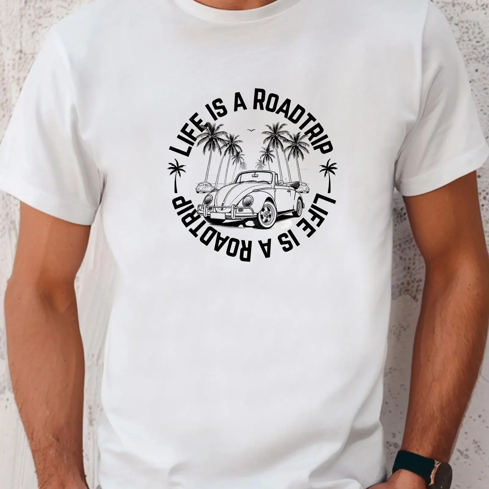 Life Is A Road Trip Retro Oldtimer Car T Shirt Men Casual Camping for Lovers vintage Washed fashion Slightly Comfortable