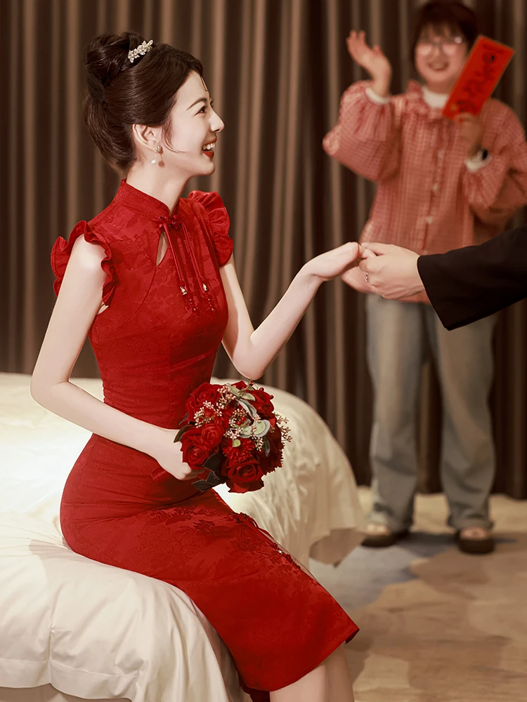 

New Chinese Sle Morning Robe Wedding Dr Svel Red Qipao for Bridesmaid Engagement Par Polyester Fiber