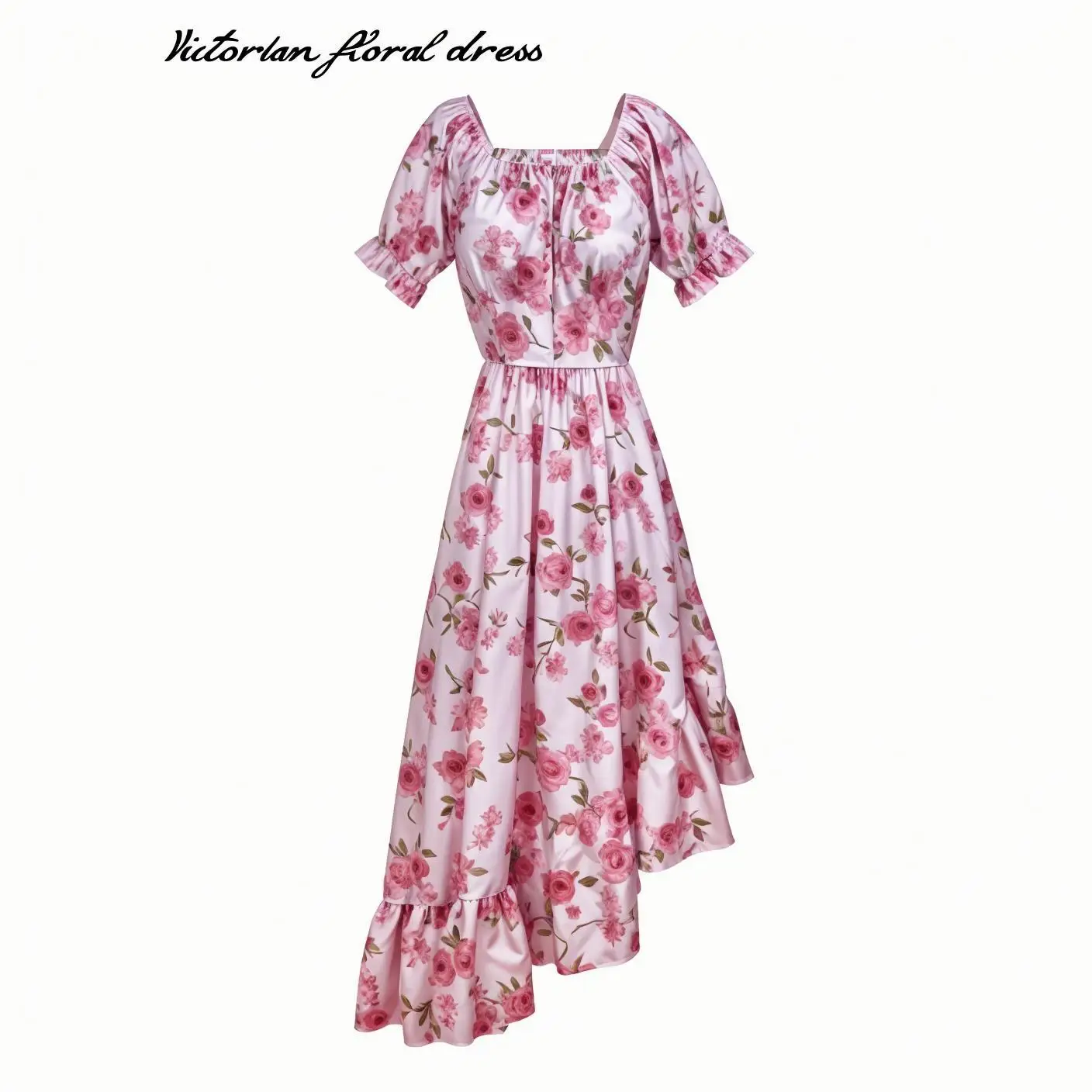 

Elegant Summer Victorian Floral Square Neck Dress Women Short Sleeve Chiffon Vintage Stage Performance Retro Halloween Costume