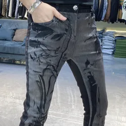 Fall Printed Skinny Slim Men Jeans Party Casual Trousers Pantalones Winter High Street Black Jean Streetwear Motorcycle Pant