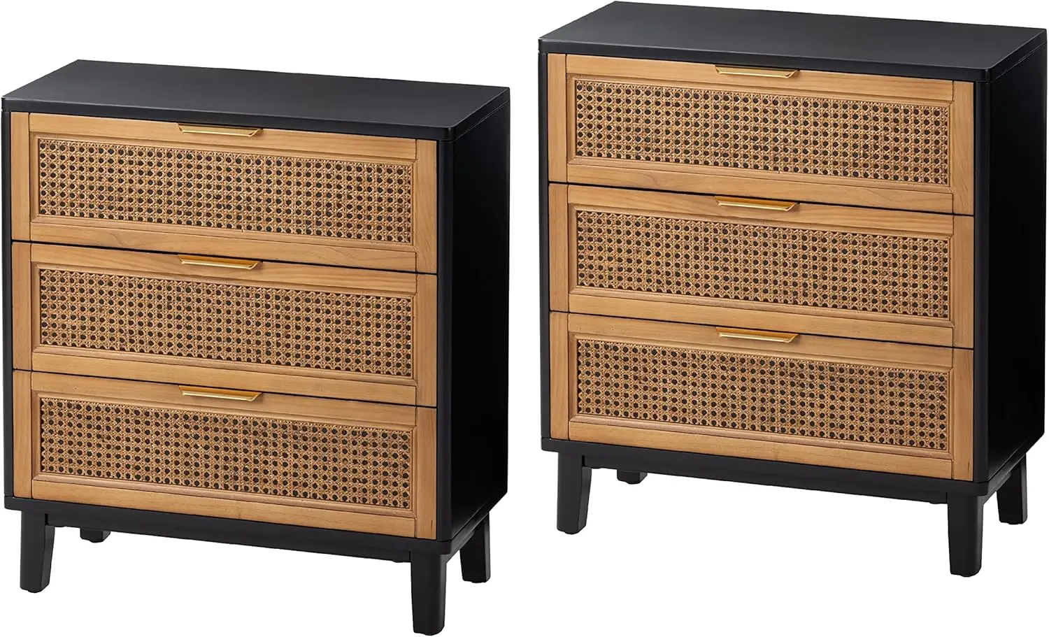 3-Drawer Nightstand, Set of 2 Woven Cane Front Accent Dresser with Brass Pull, Fully-Assembled, Black