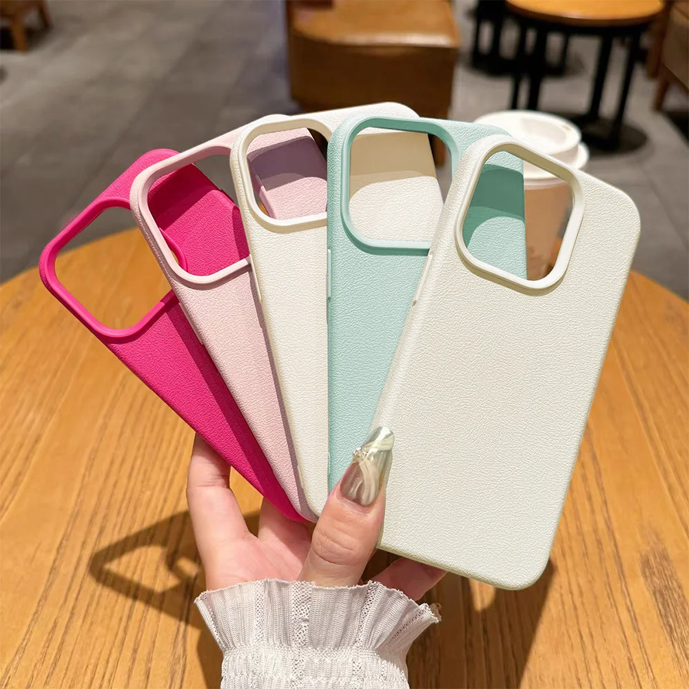 Candy Color Leather Texture Case For iPhone 11 12 13 14 15 16 Pro Max Plus Shockproof Bumper Soft Silicone Lychee Pattern Cover