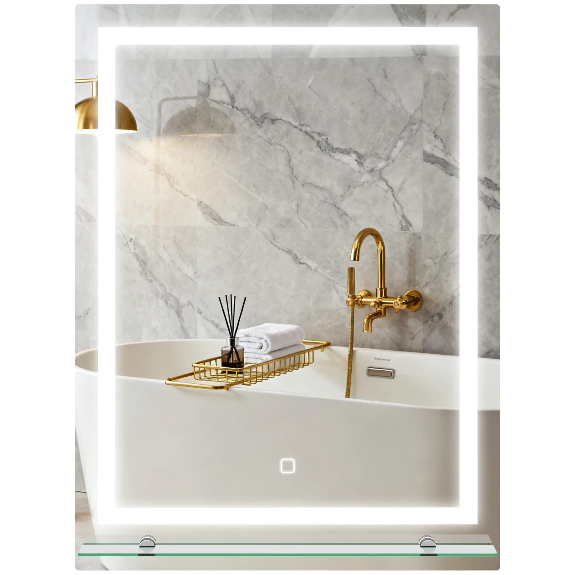 Specchio da bagno Kleankin 60X80 cm con 3 colori chiari, ripiano in vetro, funzione di memoria e interruttore tattile, argento