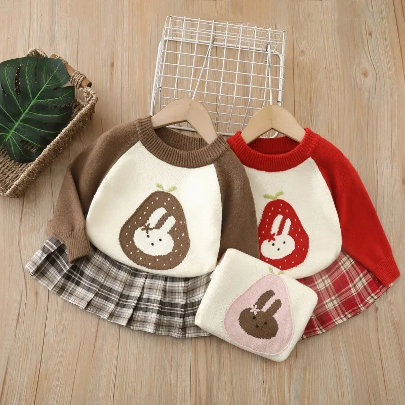 

Autumn Kids Girls Two Piece Set Cartoon Bunny Pear Knit Sweater Plaid Pleated Skirt Matching Girls Outfit