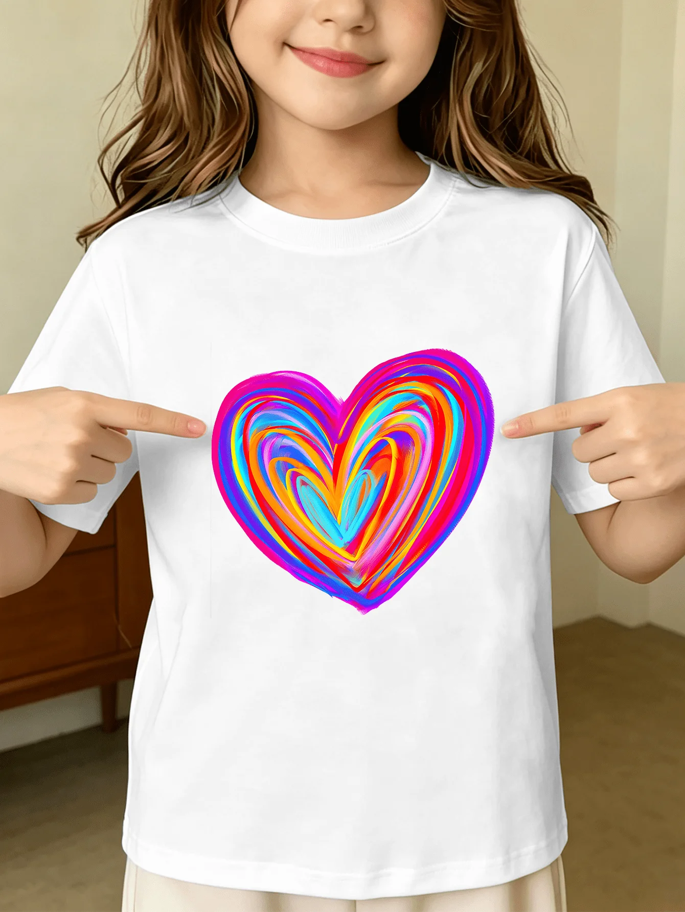 Rainbow Heart Kids Tee Colorful Brush Stroke Print Boys Girls Family Matching Cotton Summer Short Sleeve Basic Children Tshirt