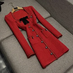 Lady Fall New Arrival Elegant Style Bowknot Square Collar Long Sleeve Single-breasted Slim Fitted Mini Tweed Dress For Women