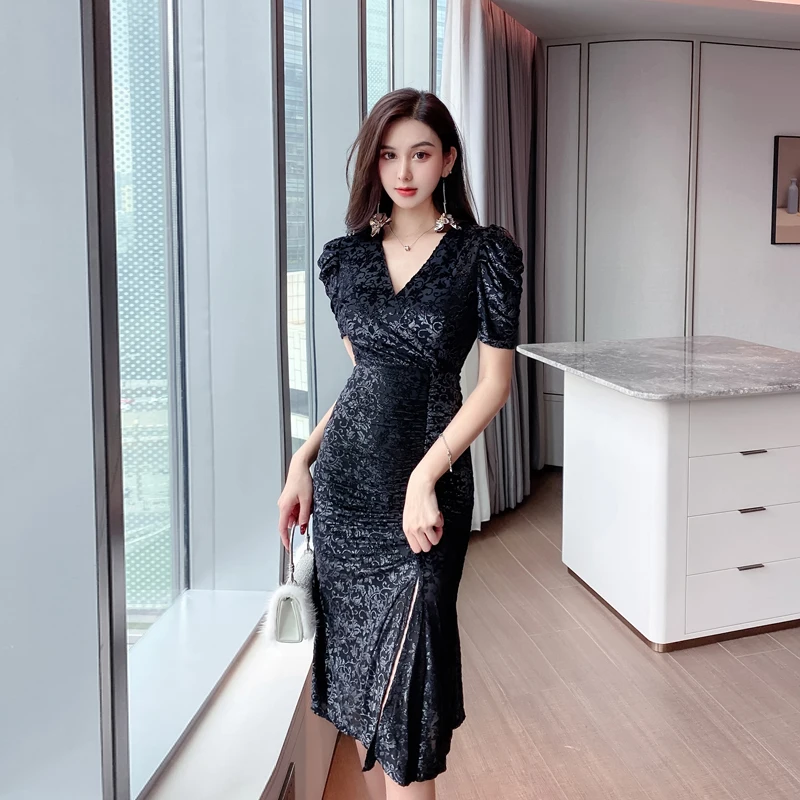 

V-neck Midi Dress Women Elegant Fashion Womens Clothing Hip Wrap Fishtail Trendyol New Collection 2022 Sexy Dresses Woman Traf