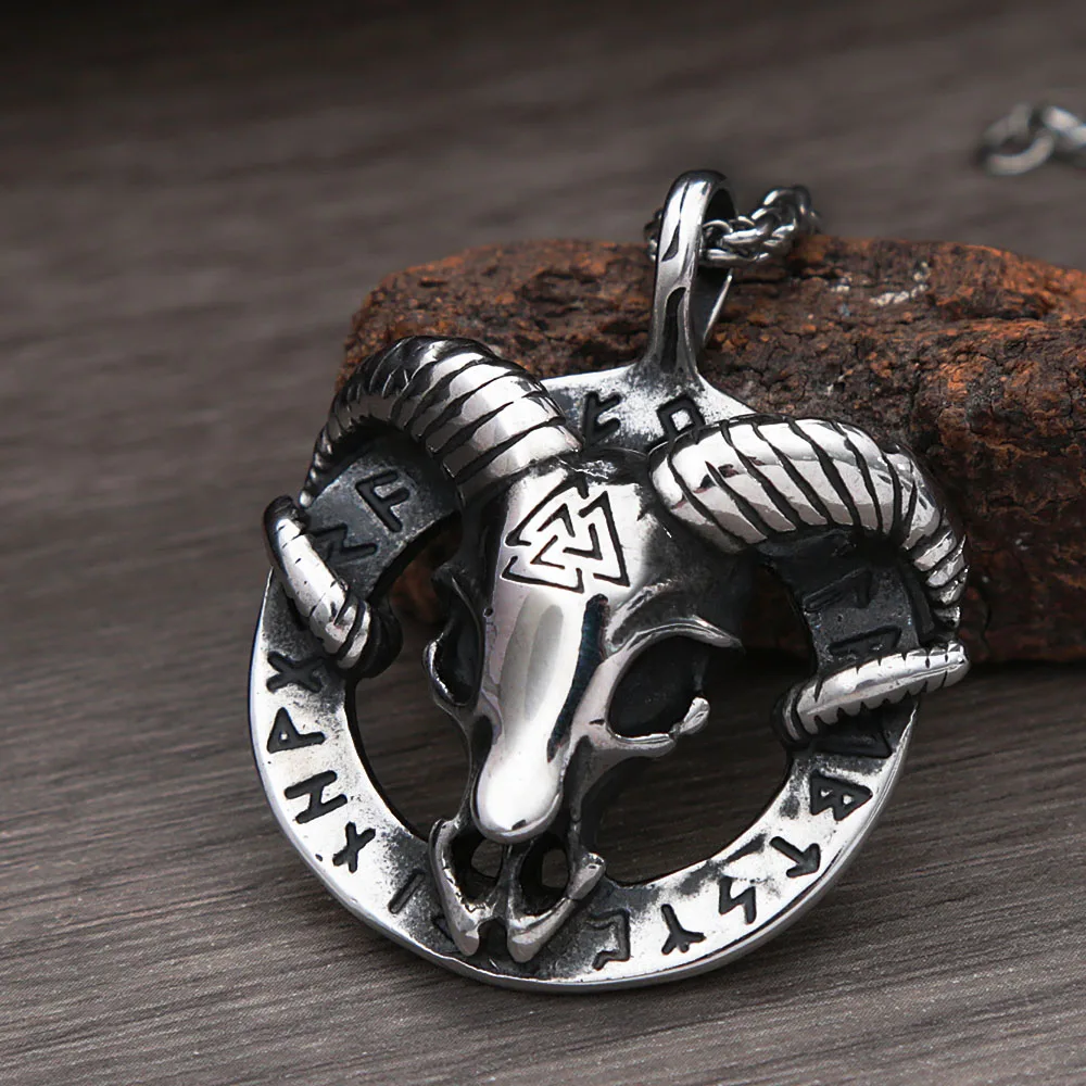 Vintage Gothic 316L Stainless Steel Goat Head Skull Pendant Nordic Viking Rune Necklace For Men Fashion Amulet Jewelry Wholesale