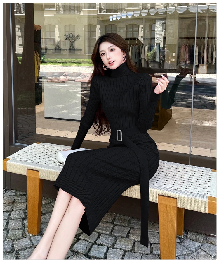 Turtleneck Sexy Wrap Hips Knitted Dresses Women 2025 Autumn Winter Long Sleeve Bodycon Sweater Dress