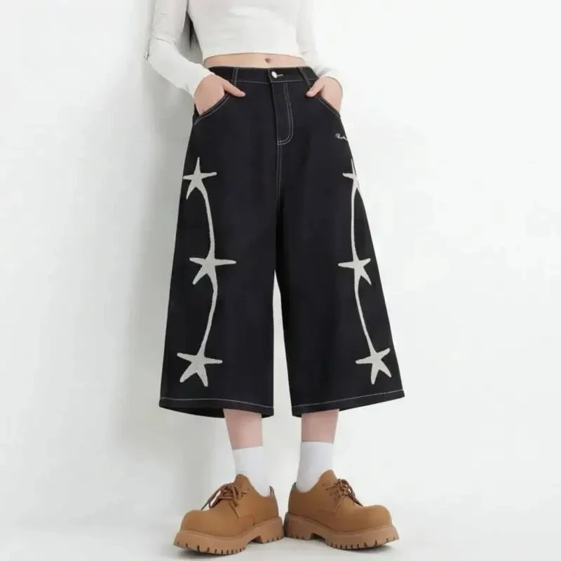 

American Retro Style Star Embroidered Summer Raw Men's Denim Shorts Distressed Loose Wide Leg Casual Cropped Pants