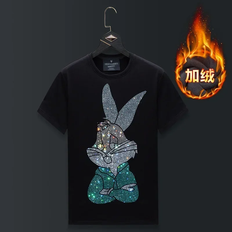 

Plus Size Thick Short Sleeve T Shirts Men Winter Clothes Cartoon Rhinestones Streetwear O Neck Velvet Tshirts Camisa Masculina
