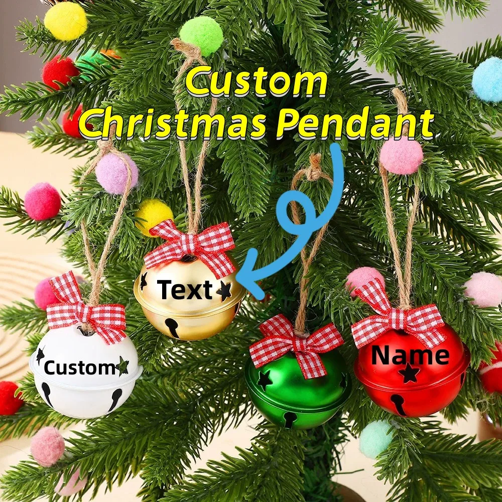 

Custom NameText Christmas Metal Jingle Bell with Bowknot Hemp Rope Pendant for Christmas Tree Personalized Ornament Fashion Deco