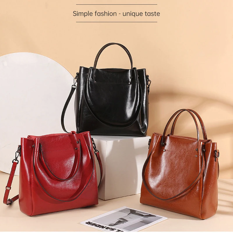 100% Genuine Leather Women Tote Bag Large Capacity High Quality Cowhide Women's Shoulder Bags Wrinkled Opening Fashion Handbag