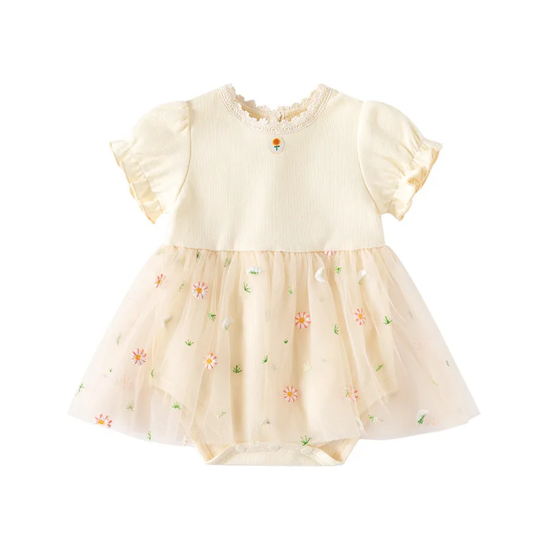New Summer Baby Onesie with Netted Ruffle Print Dress - Sweet Birthday Bodysuit for Female Infants