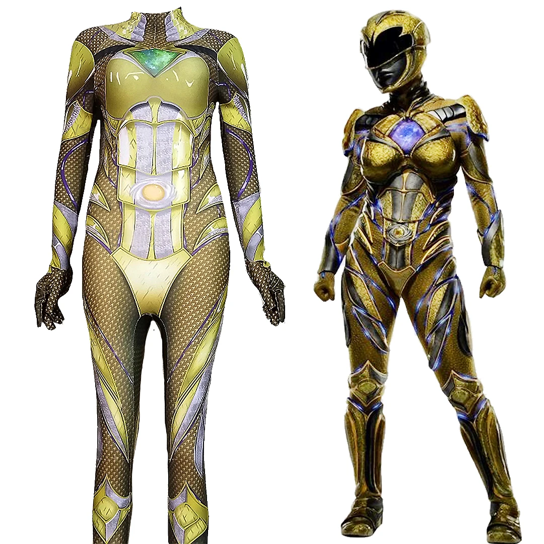 

Rangers Cosplay Power Superhero Yellow Rangers Costume 3D Printed Spandex Bodysuit Zentai Outfits Halloween Costume for Adult