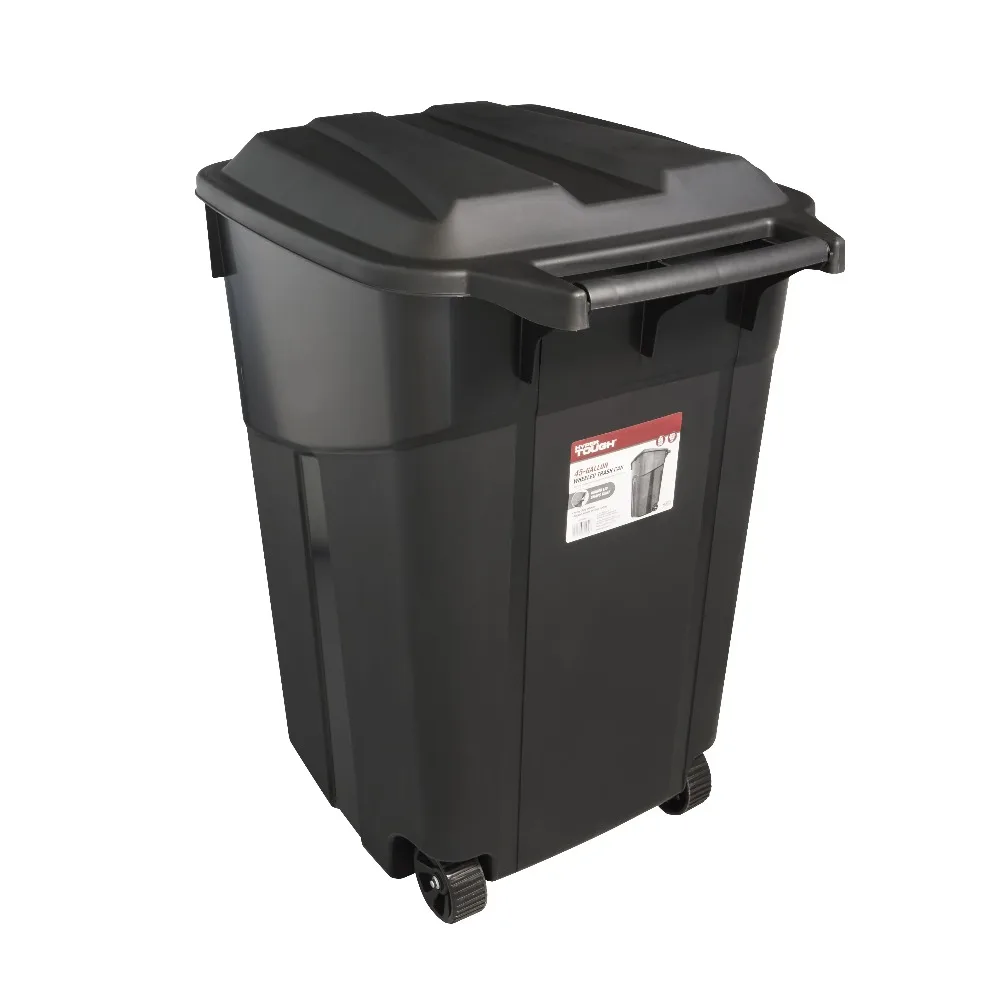 Hyper Tough 45 Gallon Wheeled Heavy Duty Plastic Garbage Can, Attached Lid, Black 1pack
