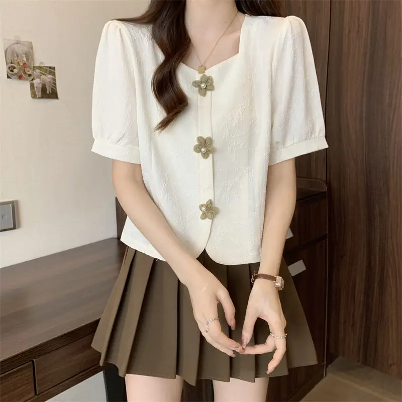 Women\'s Shirts 2024 Summer New Fashion Korean Commuter Solid Color Button Square Collar All-match Loose Short Sleeve Shirts Tops