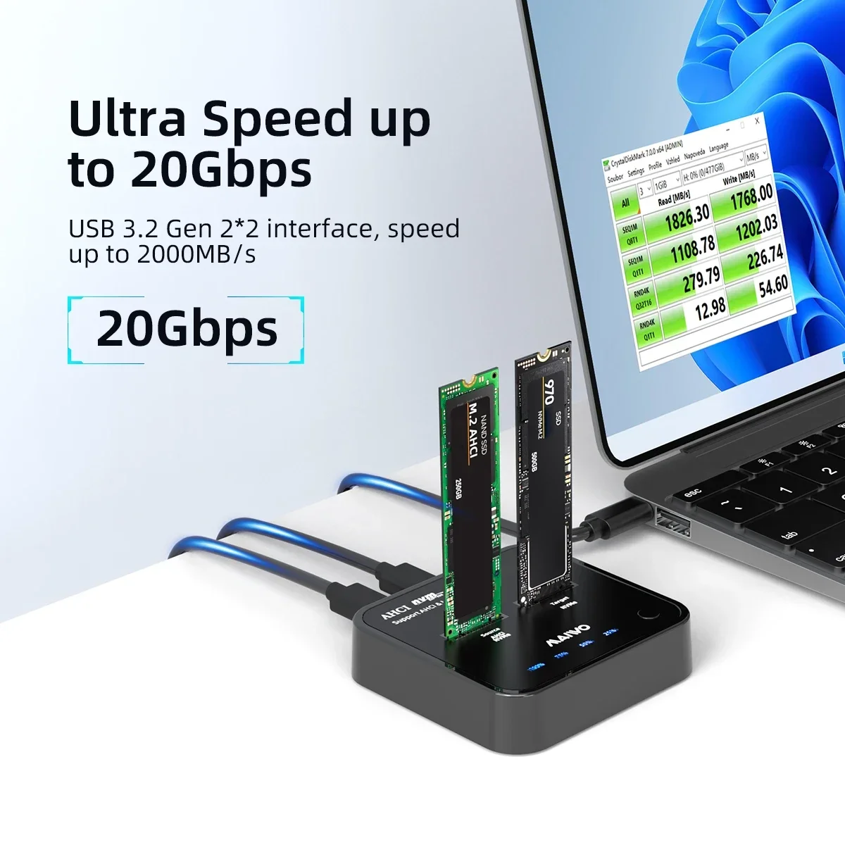 MAIWO USB3.2 AHCI M.2 NVMe SSD adaptador de carcasa duplicador móvil con M2 SSD 2230/2242/2260/2280 compatible con clon sin conexión de una tecla