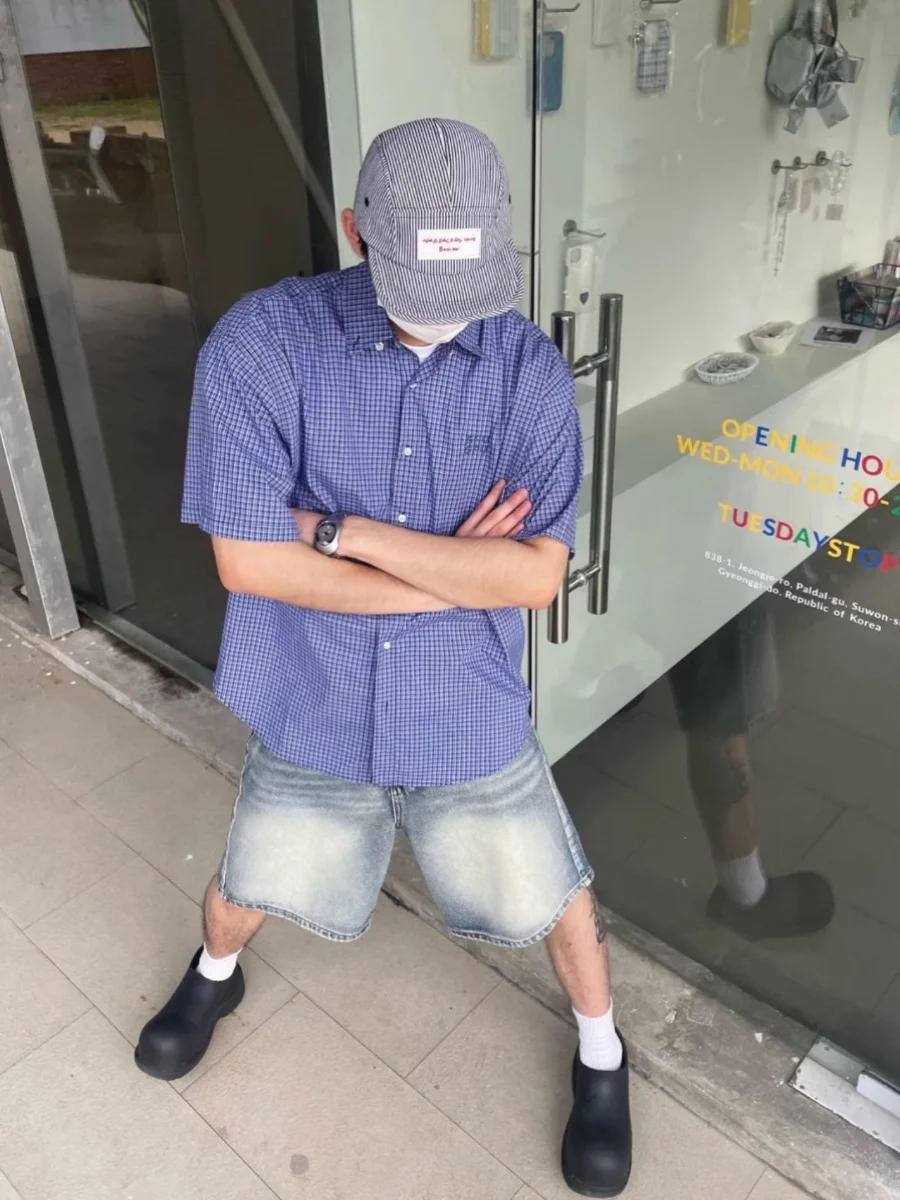 Été nouveau américain rétro bleu Plaid ort Sve irt ample décontracté polyvalent brodé hommes femmes irt Jaet